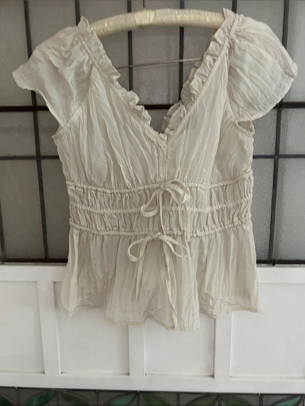 J. Crew Cream Ruffled V-Neck Peasant Blouse with Tie Waist